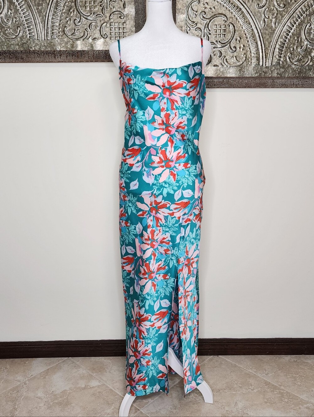 Paper Heart Teal Floral Satin Slip Drape Neck Maxi Dress Small Summer Party